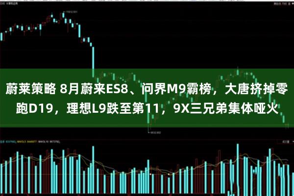 蔚莱策略 8月蔚来ES8、问界M9霸榜，大唐挤掉零跑D19，理想L9跌至第11，9X三兄弟集体哑火